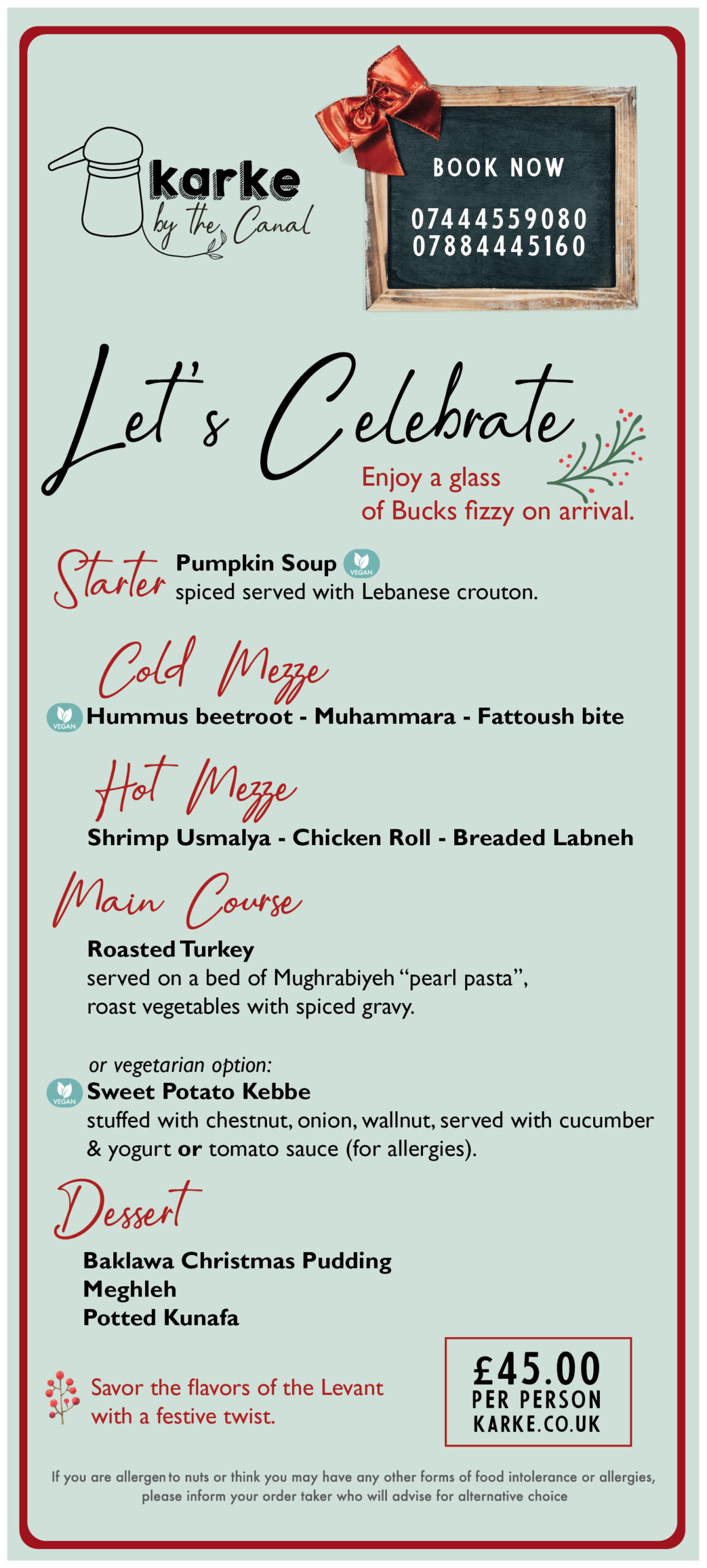 Festive Christmas menu featuring seasonal dishes and holiday specials